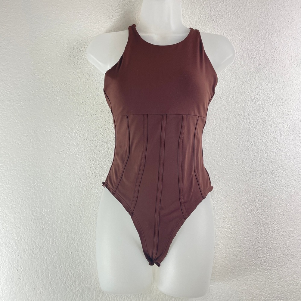 Meshki Chocolate Brown High Neck Corset Bodysuit Cross Back Sleeveless Small